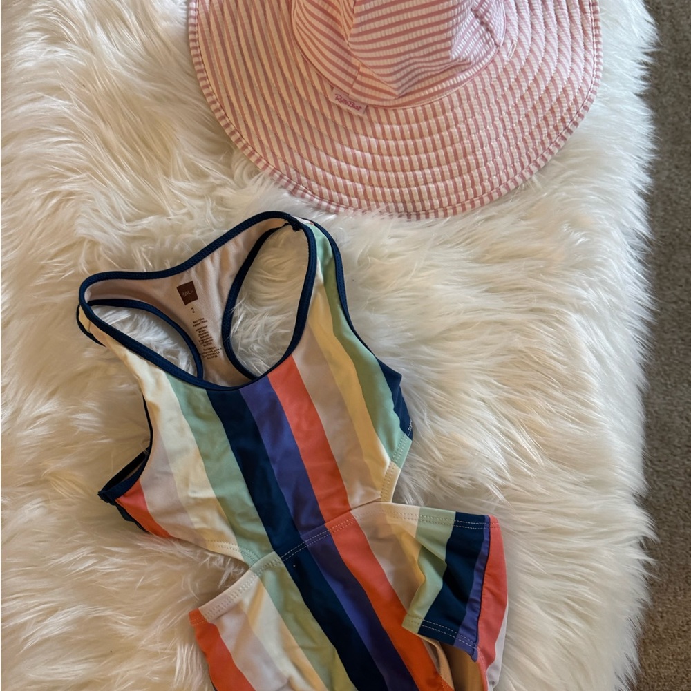 Tea Collection Swimsuit with Pink Striped Hat- Ruffle Butts brand